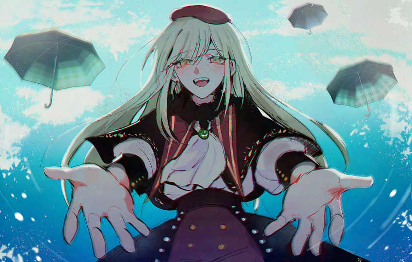 1girl, ascot, bang_dream!, bang_dream!_it's_mygo!!!!!, beret, black_capelet, black_skirt, blush