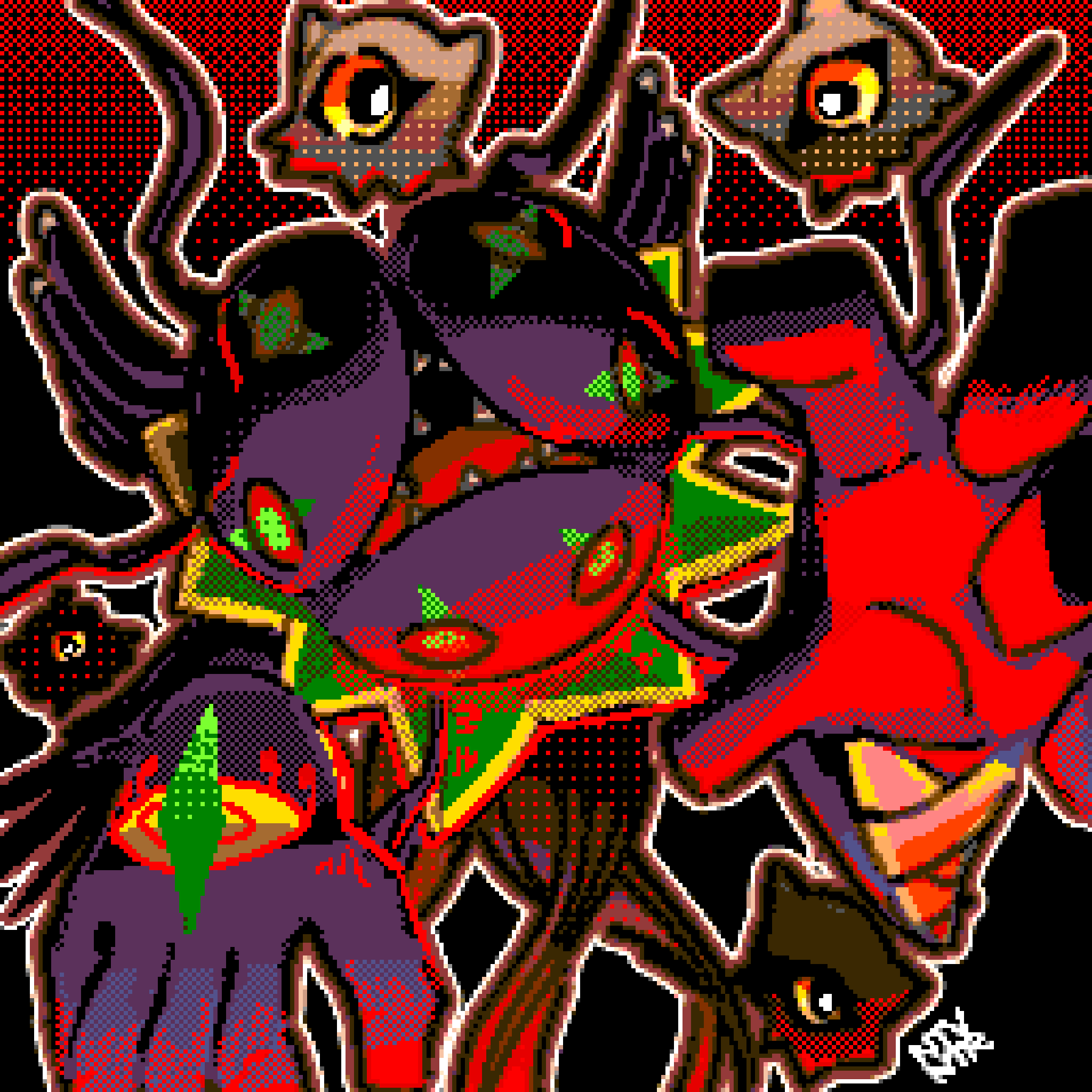 black_background, digimon, digimon_(creature), group_picture, highres, keramon, keramon_x-antibody, kuramon