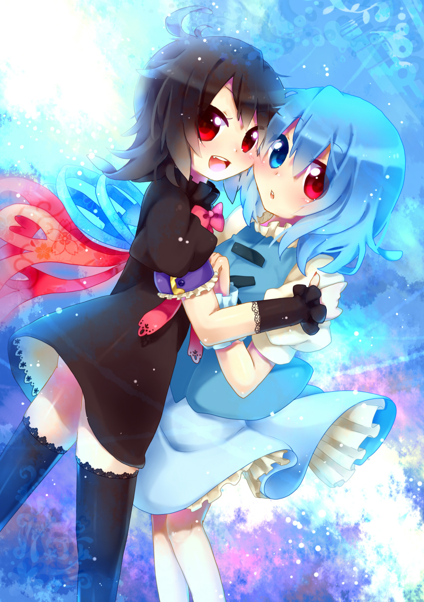 absurdres, asymmetrical_wings, black_hair, black_legwear, black_thighhighs, blue_hair, blush, cheek-to-cheek