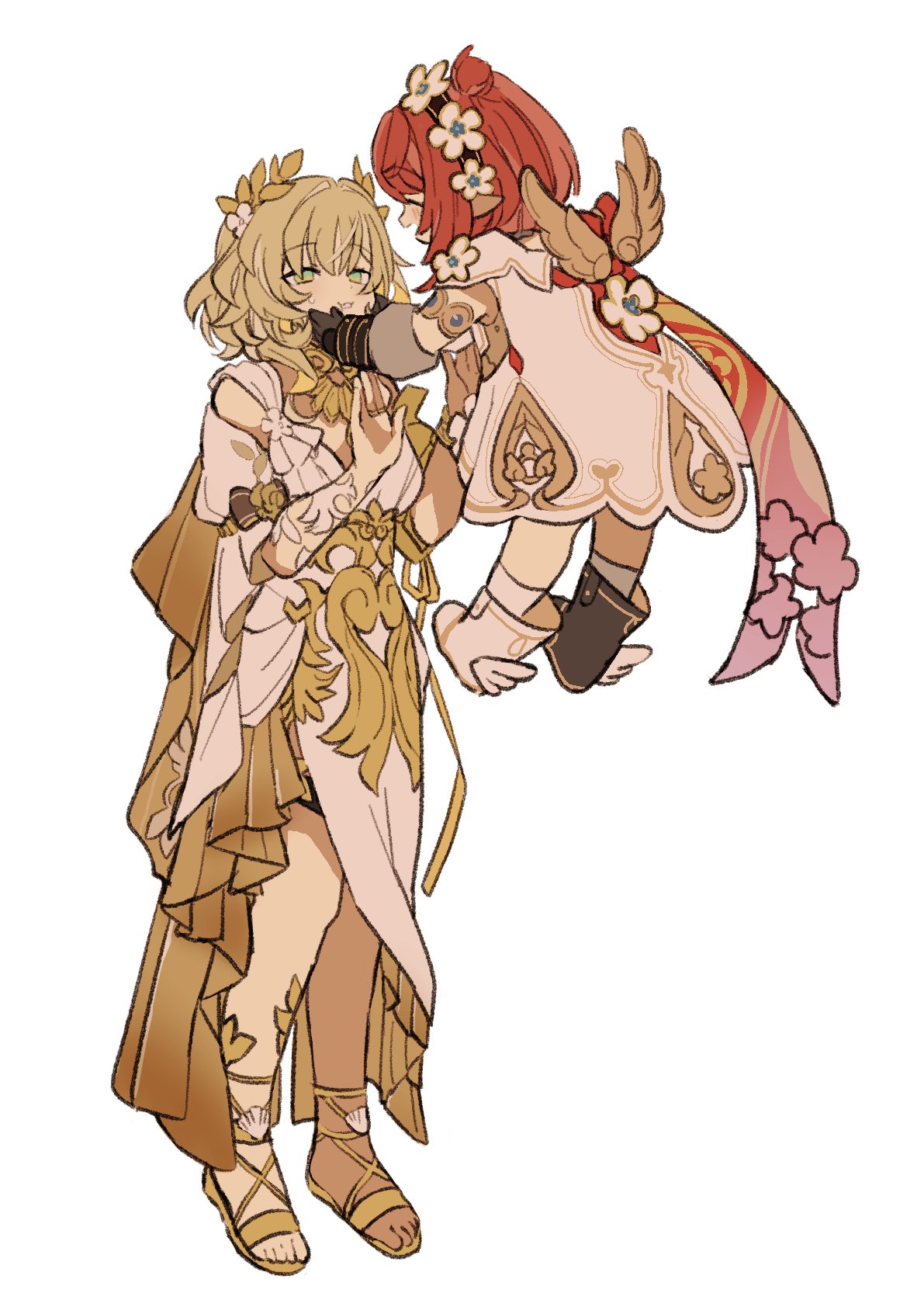 2girls, aglaea_(honkai:_star_rail), ancient_greek_clothes, asymmetrical_footwear, dress, flower, flying, full_body, greco-roman_clothes, hair_flower, hair_ornament, hands_on_another's_face, head_wreath, highres, honkai:_star_rail, honkai_(series), iwashi_(iwashi008), mini_wings, mismatched_footwear, multiple_girls, red_hair, sandals, short_hair, simple_background, tribbie_(honkai:_star_rail), white_background, white_dress, white_flower, wings, yellow_wings