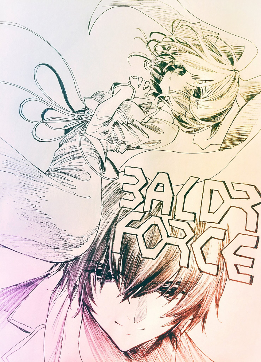 1boy, 1girl, aya_carmine, baldr_force, bow, commentary_request, dress, greyscale