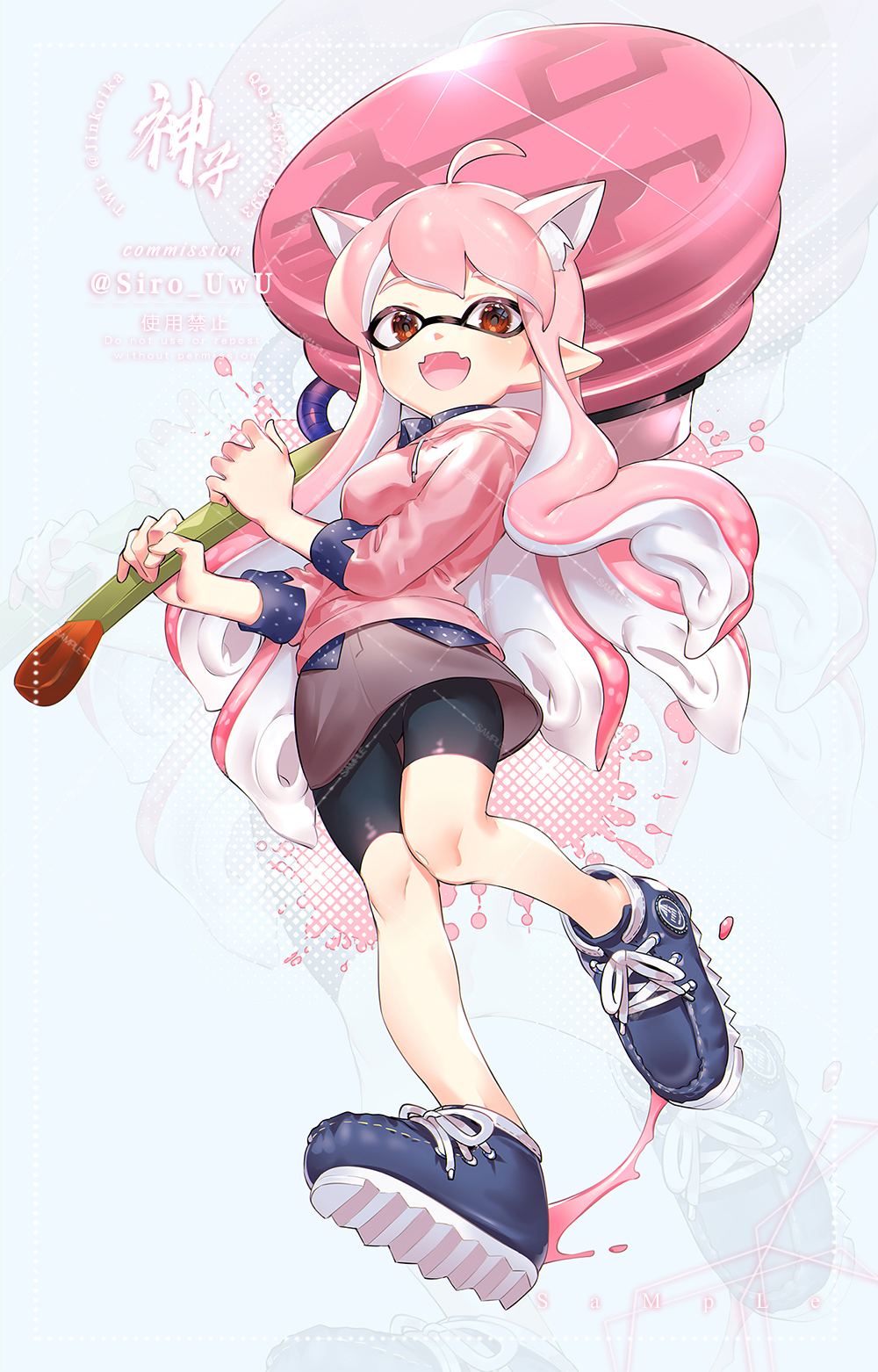 1girl, ahoge, animal_ear_fluff, animal_ears, artist_name, black_shorts, blue_footwear, blue_shirt, brown_eyes, brown_skirt, cat_ears, commission, commissioner_name, drawstring, extra_ears, full_body, highres, holding, holding_weapon, hood, hood_down, hoodie, inkling, inkling_girl, inkling_player_character, jinkoika, long_hair, looking_at_viewer, open_mouth, pink_hair, pink_hoodie, pointy_ears, polka_dot, polka_dot_shirt, shirt, shorts, shorts_under_skirt, skirt, sleeves_rolled_up, smile, solo, splatoon_(series), standing, standing_on_one_leg, tentacle_hair, ultra_stamp_(splatoon), weapon