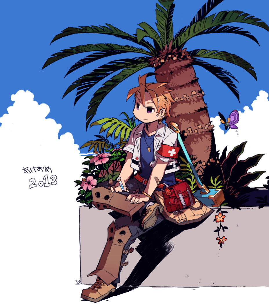 1boy, 2013, blue_shirt, brown_footwear, brown_hair, bug, butterfly, coat