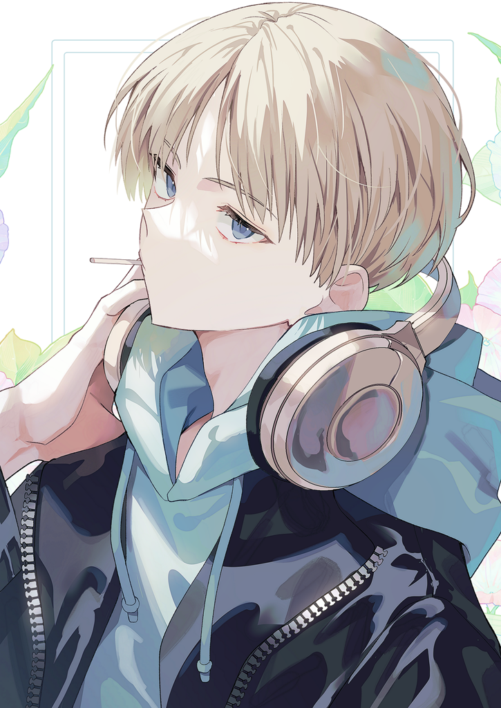 1boy, black_jacket, blonde_hair, blue_eyes, character_request, closed_mouth, headphones, headphones_around_neck, hood, hood_down, hoodie, jacket, long_sleeves, looking_at_viewer, male_focus, open_clothes, open_jacket, portrait, sal_gun, short_hair, solo, white_background, wind_breaker_(nii_satoru)