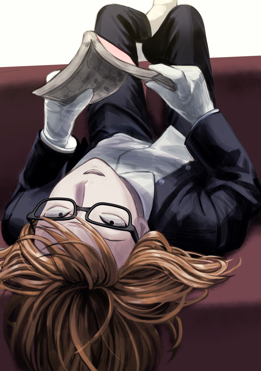 1boy, absurdres, black_eyes, black_jacket, black_pants, book, buttons, collared_shirt