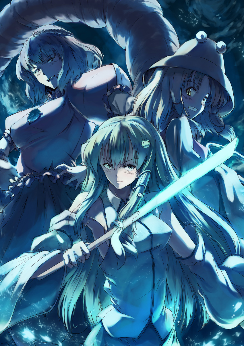 absurdres, glowing, gohei, grin, hat, highres, kochiya_sanae, kurobuta_(meregear), large_breasts, long_hair, moriya_suwako, mountain_of_faith, multiple_girls, shimenawa, short_hair, smile, touhou, yasaka_kanako