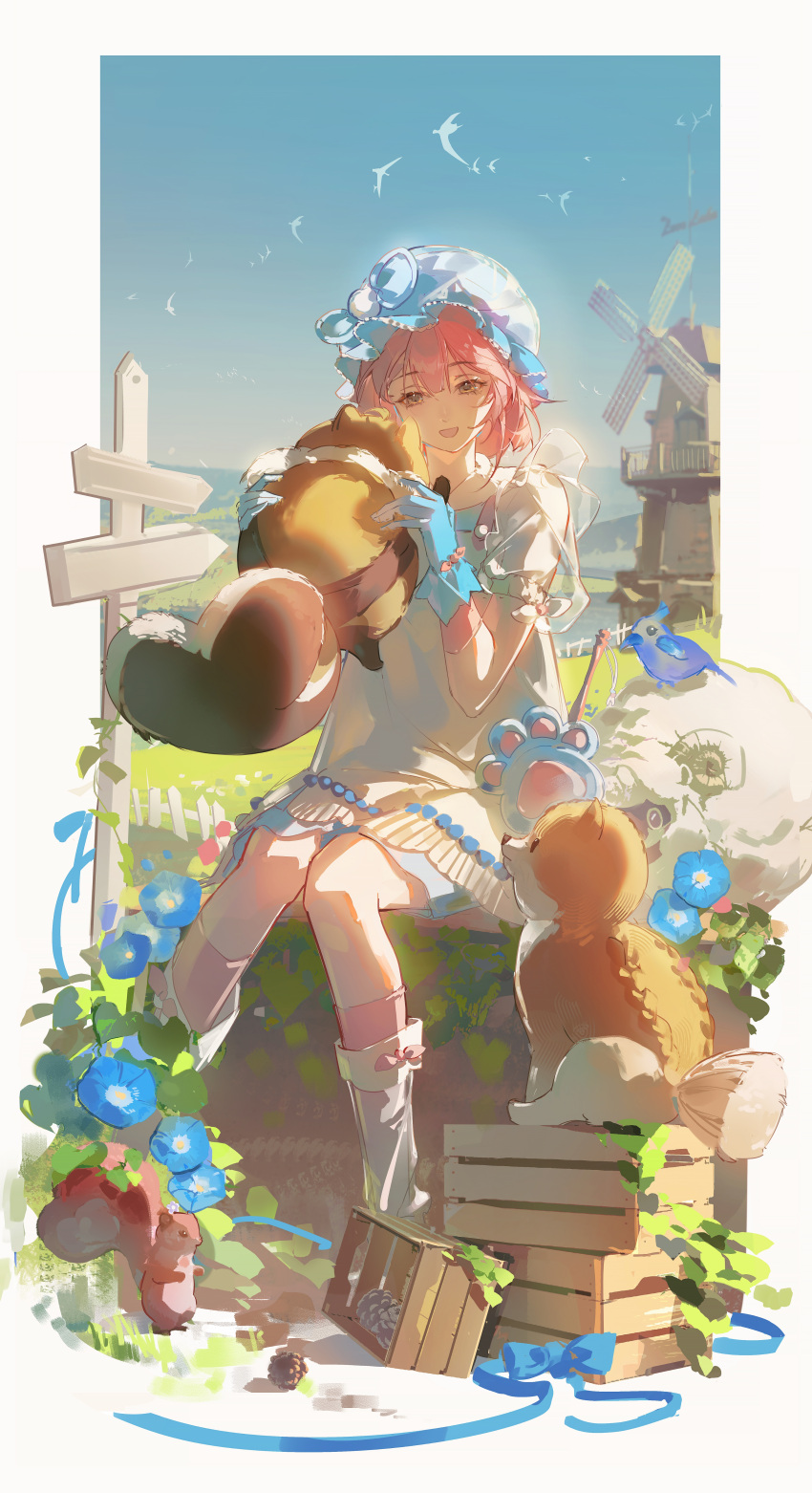 1girl, absurdres, animal, apron, bibcoon, bird, blue_bird, blue_bow