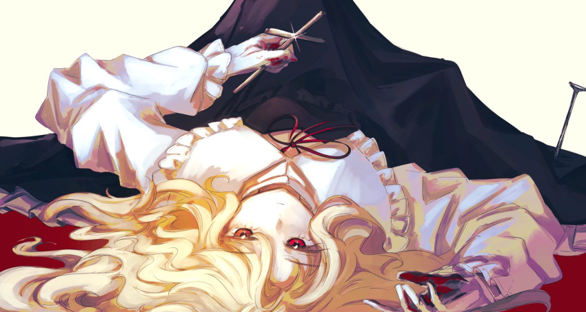 1girl, black_dress, blonde_hair, blood, blood_on_ground, blood_on_hands, cross, dolls_in_pseudo_paradise