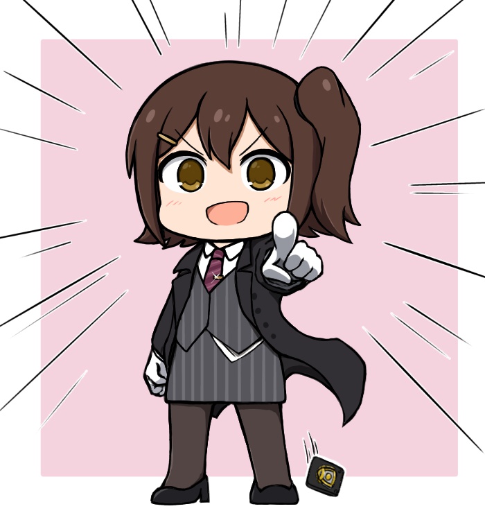 1girl, :d, black_footwear, black_jacket, black_pantyhose, border, brown_eyes, brown_hair