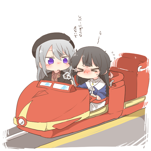 >_<, 2girls, beret, black_hair, black_hat, black_jacket, blue_shirt, blush