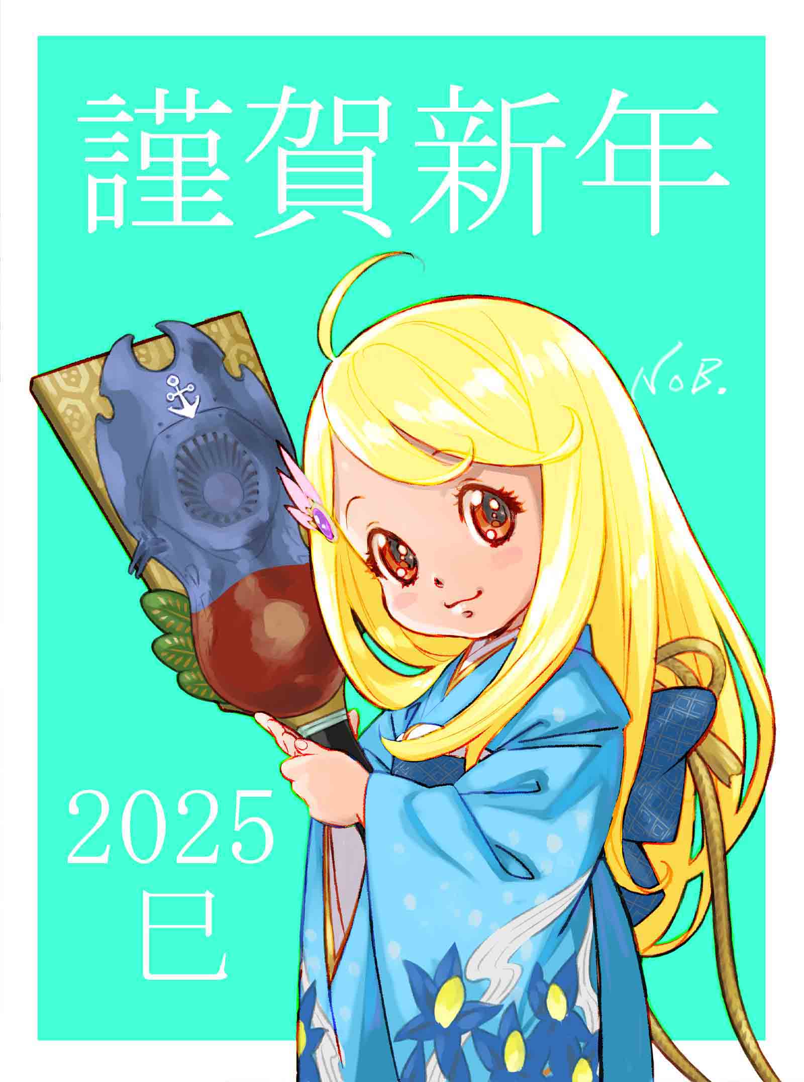 ahoge, blonde_hair, child, floral_print, floral_print_kimono, hair_ornament, hanetsuki, highres