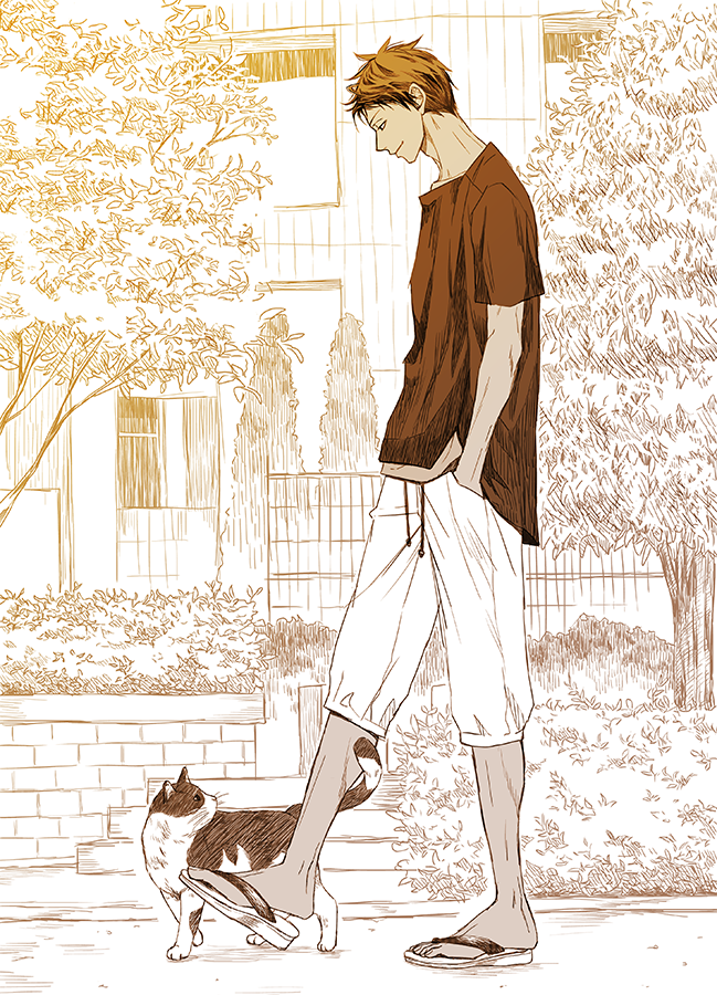 1boy, a_jou, animal, aomine_daiki, building, bush, cat, closed_mouth