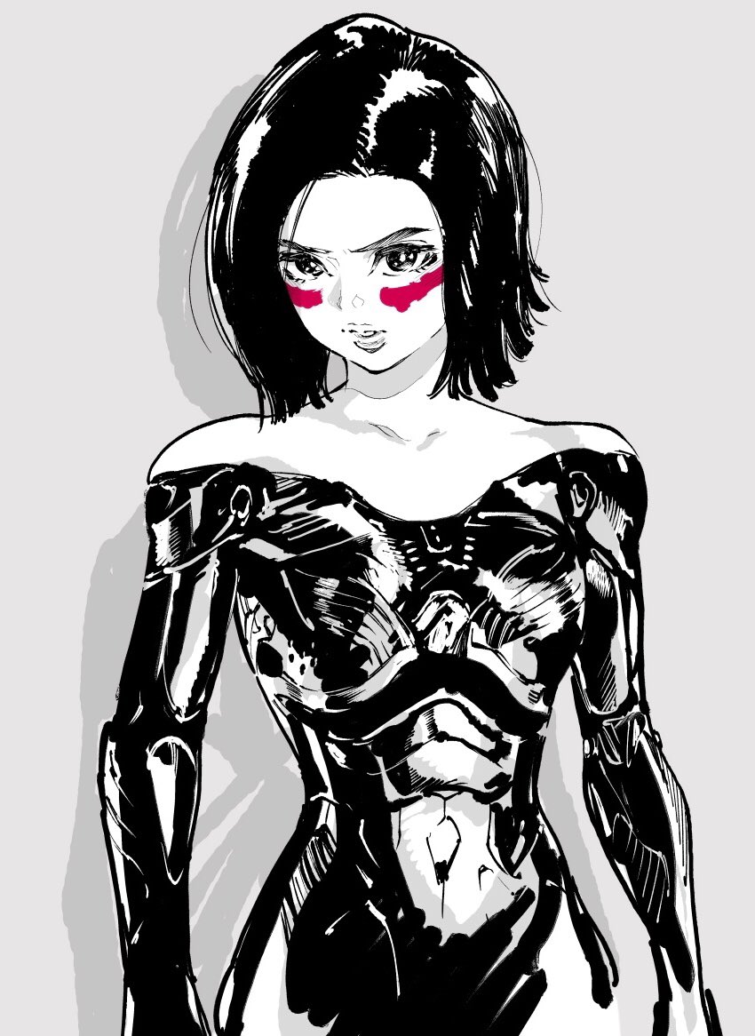 1girl, ahn_dongshik, alita, alita:_battle_angel, battle_angel_alita, black_hair, collarbone, cowboy_shot