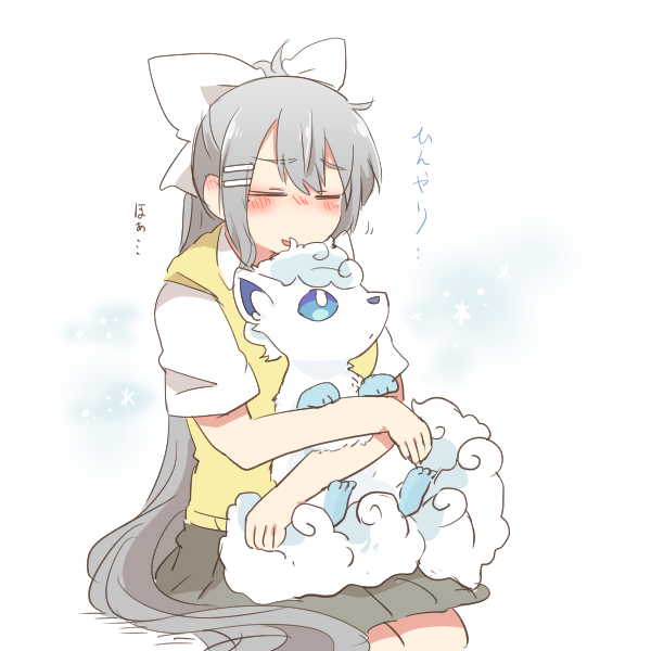 1girl, alolan_vulpix, blush, blush_stickers, closed_eyes, collared_shirt, crossover, grey_hair