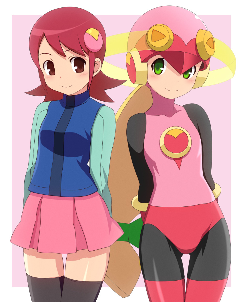 2girls, absurdres, aqua_shirt, arms_behind_back, black_bodysuit, black_thighhighs, blonde_hair, blue_vest
