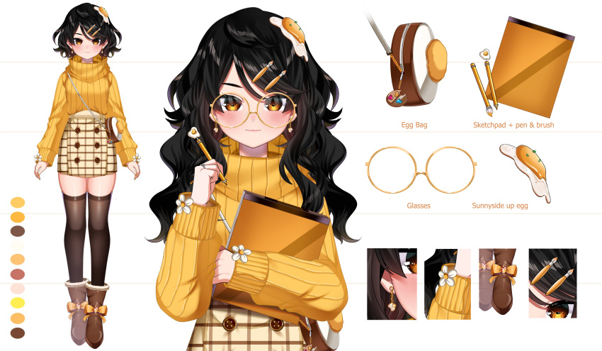 1girl, absurdres, black_hair, black_thighhighs, blush, bow, brown_footwear, closed_mouth