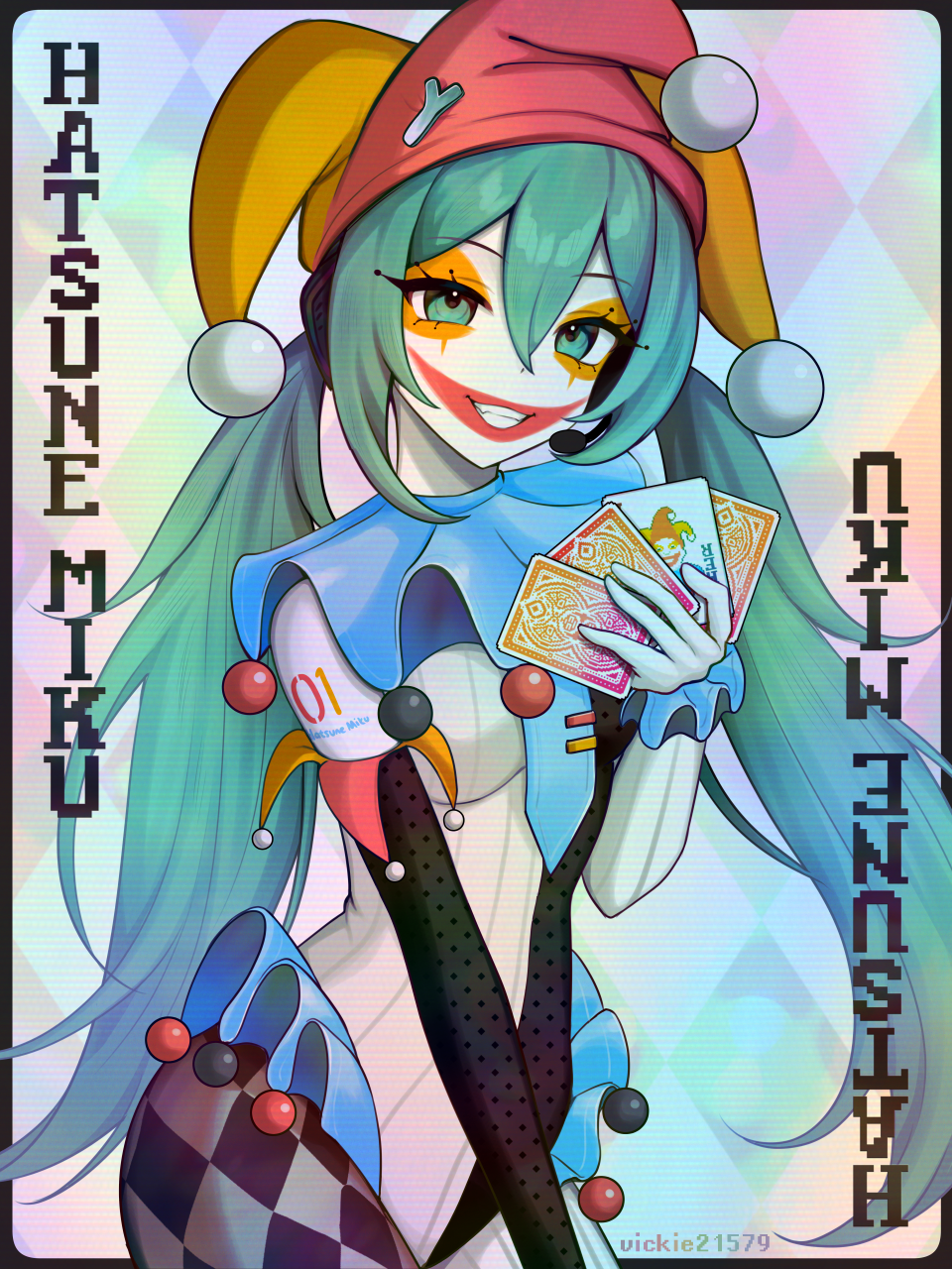 1girl, alternate_costume, aqua_eyes, aqua_hair, asymmetrical_clothes, balatro, black_border, border