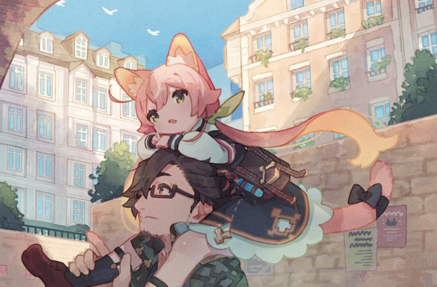 1boy, 1girl, animal_ears, bag, bird, black_bow, black_dress, black_socks