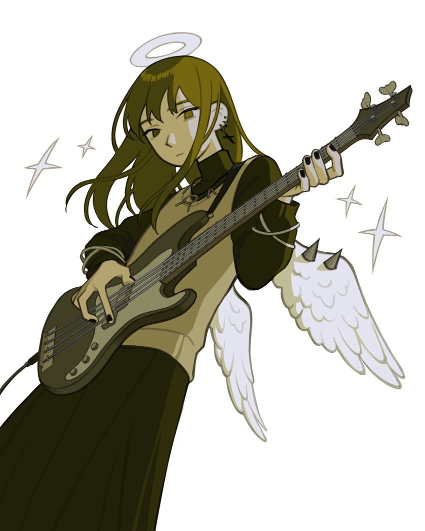 1girl, angel, angel_wings, black_nails, closed_mouth, commentary, cross, cross_earrings