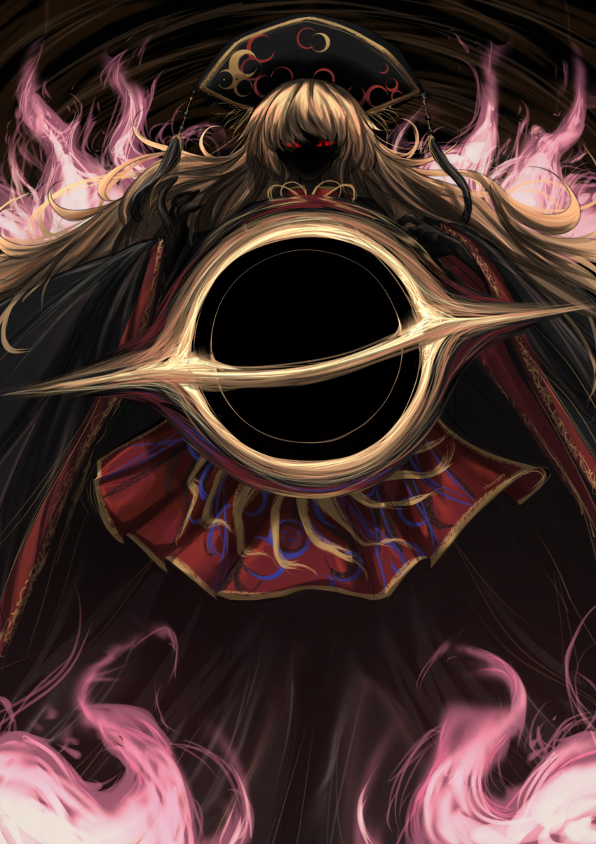1girl, absurdres, black_dress, black_hole, blonde_hair, commentary, dalachi_(headdress), dark_background