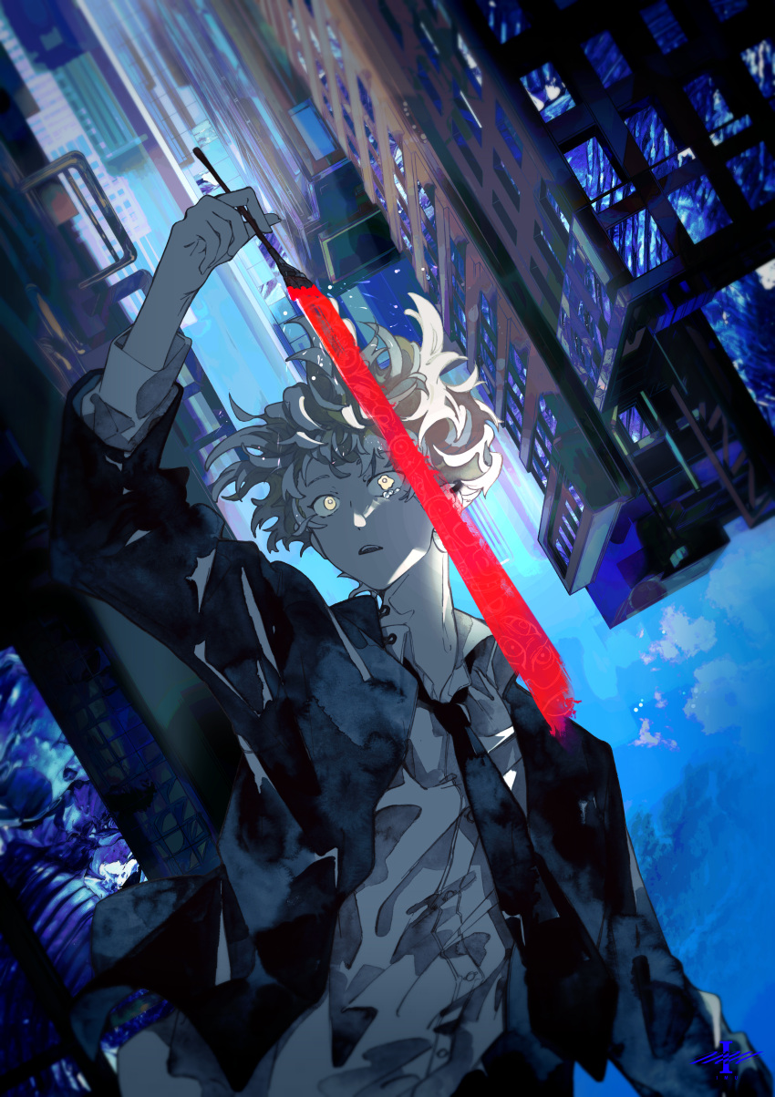 1boy, absurdres, black_necktie, blue_period, blue_theme, building, city, gakuran