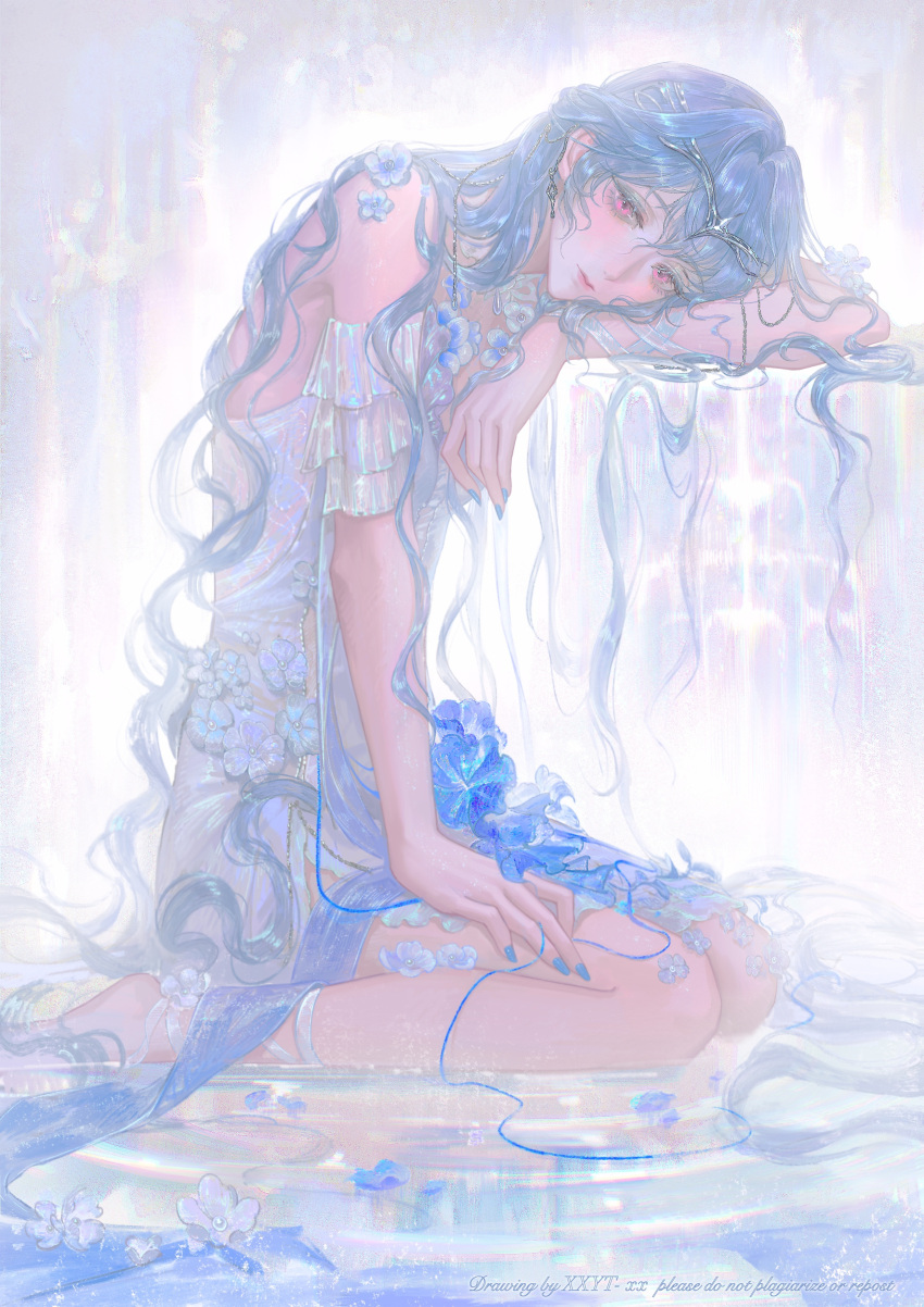 1girl, absurdly_long_hair, absurdres, ankle_flower, anklet, arm_on_table, bare_shoulders, barefoot, blue_eyeshadow, blue_flower, blue_hair, blue_nails, chinese_commentary, circlet, commentary_request, detached_sleeves, dress, earrings, expressionless, eyelashes, eyeshadow, flower, frilled_sleeves, frills, full_body, hair_spread_out, hamel_(path_to_nowhere), hand_on_own_thigh, head_on_arm, head_on_table, highres, jewelry, kneeling, lipstick, long_hair, looking_at_viewer, makeup, nail_polish, path_to_nowhere, pink_eyes, puddle, red_lips, ripples, short_dress, short_sleeves, solo, strapless, strapless_dress, table, very_long_hair, water, watermark, wavy_hair, white_background, white_dress, white_flower, white_sleeves, xxyt-xx