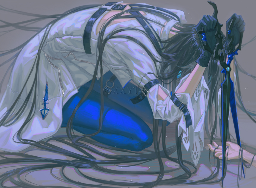 1girl, adela_(path_to_nowhere), back_cutout, belt_buckle, black_hair, blue_pants, buckle, chinese_commentary
