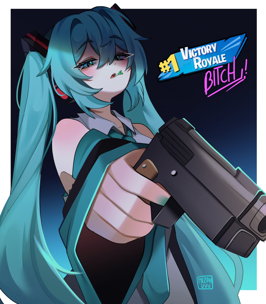 1girl, absurdres, aqua_eyes, aqua_hair, aqua_necktie, black_sleeves, detached_sleeves, fortnite