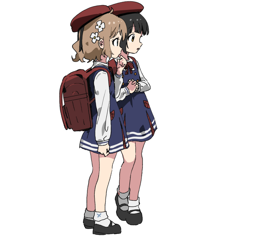 2girls, ahoge, backpack, bag, beret, black_footwear, black_hair, blue_dress, blunt_bangs, bow, bowtie, brown_eyes, brown_hair, dress, elementary_schoolmate_(idolmaster), eyelashes, flat_chest, flower, from_side, full_body, hair_flower, hair_ornament, hand_up, hat, highres, idolmaster, idolmaster_million_live!, idolmaster_million_live!_theater_days, itohari_(mamiiori1), loli, long_sleeves, looking_ahead, mary_janes, medium_hair, multiple_girls, nakatani_iku, official_alternate_costume, own_hands_together, parted_lips, pinafore_dress, randoseru, red_bag, red_bow, red_bowtie, red_hat, shirt, shoes, short_hair, simple_background, sleeveless, sleeveless_dress, socks, standing, suou_momoko, wavy_hair, white_background, white_shirt, white_socks