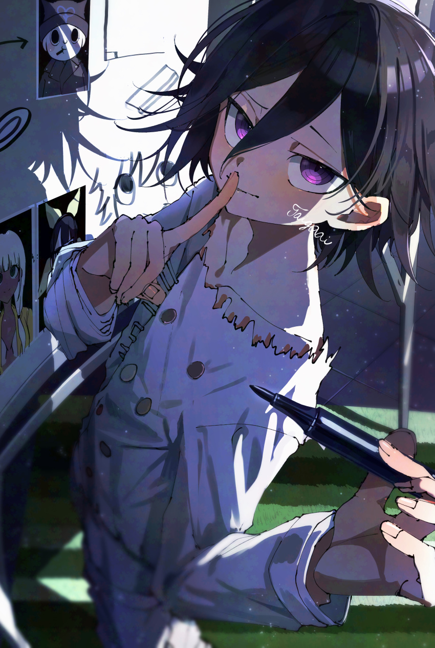 1boy, absurdres, backlighting, black_hair, blush, buttons, chabashira_tenko, collarbone, commentary, danganronpa_(series), danganronpa_v3:_killing_harmony, finger_to_mouth, flipped_hair, foreshortening, from_above, from_side, hair_between_eyes, highres, holding, holding_pen, hoshi_ryoma, light_particles, light_smile, long_sleeves, looking_at_viewer, male_focus, multicolored_buttons, oma_kokichi, pants, pen, perspective, photo_(object), short_hair, shushing, signature, smile, solo, standing, straitjacket, taigaai4649, thigh_strap, violet_eyes, whiteboard, yonaga_angie