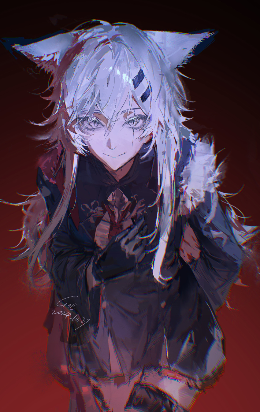 1girl, alariess, animal_ears, arknights, bag, black_jacket, black_skirt, chinese_commentary
