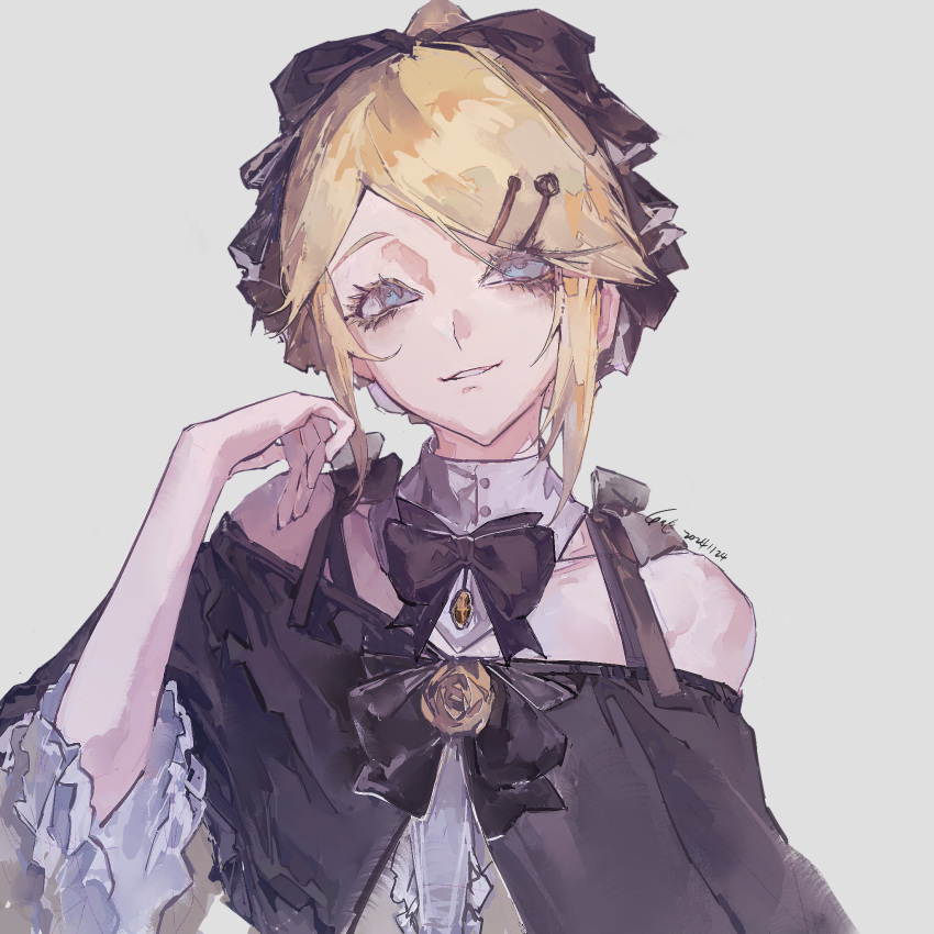 1girl, alariess, bare_shoulders, black_bow, black_bowtie, black_capelet, blonde_hair, blue_eyes