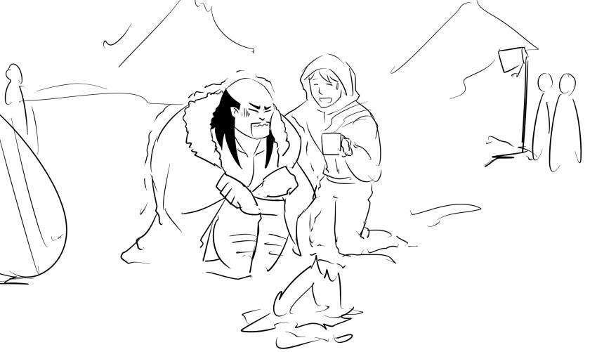 2boys, black_hair, campfire, closed_eyes, cold, disney, facial_hair, fu_manchu_(mustache)