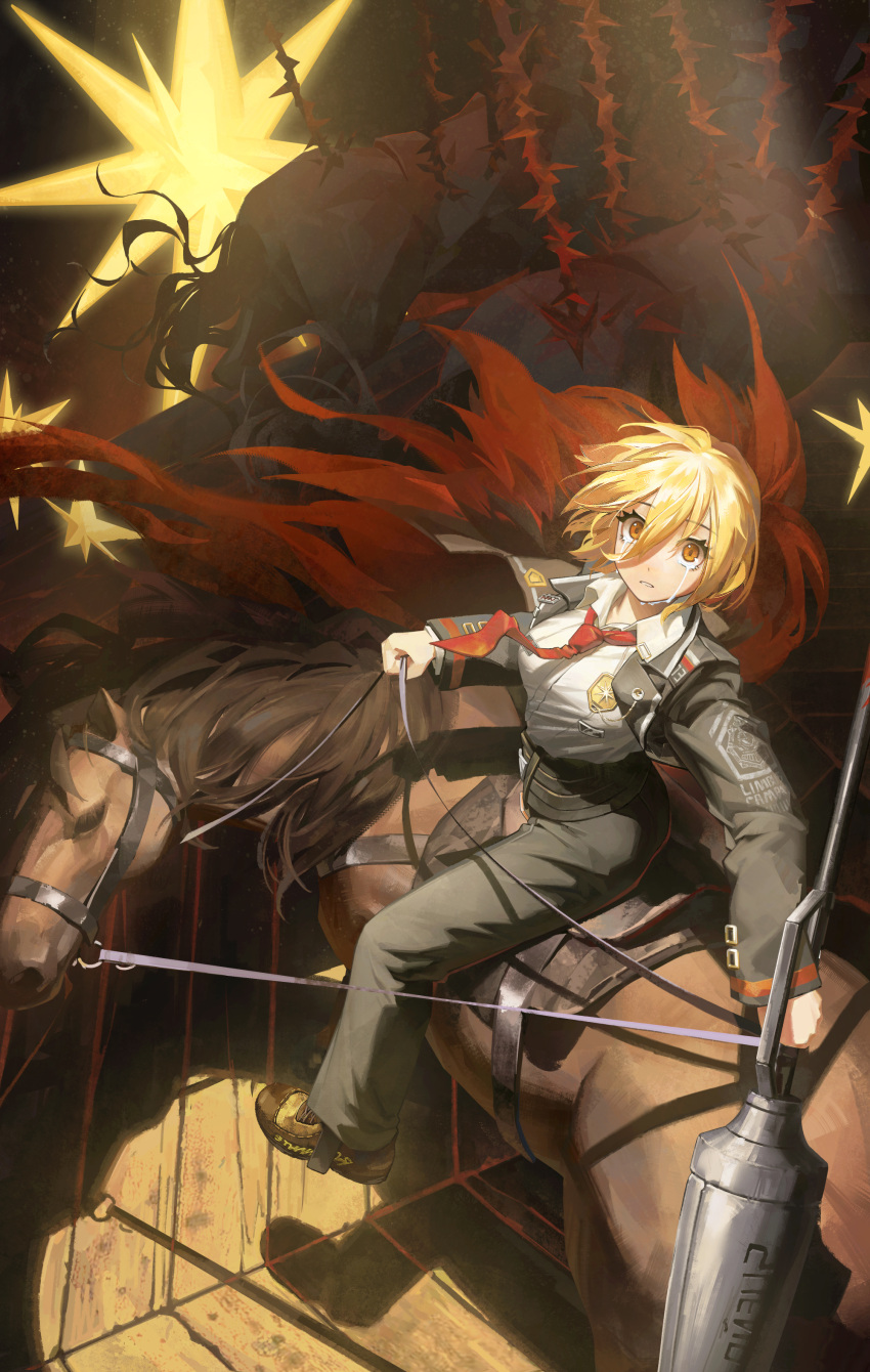 1girl, absurdres, badge, black_coat, black_pants, blonde_hair, boots, bridle