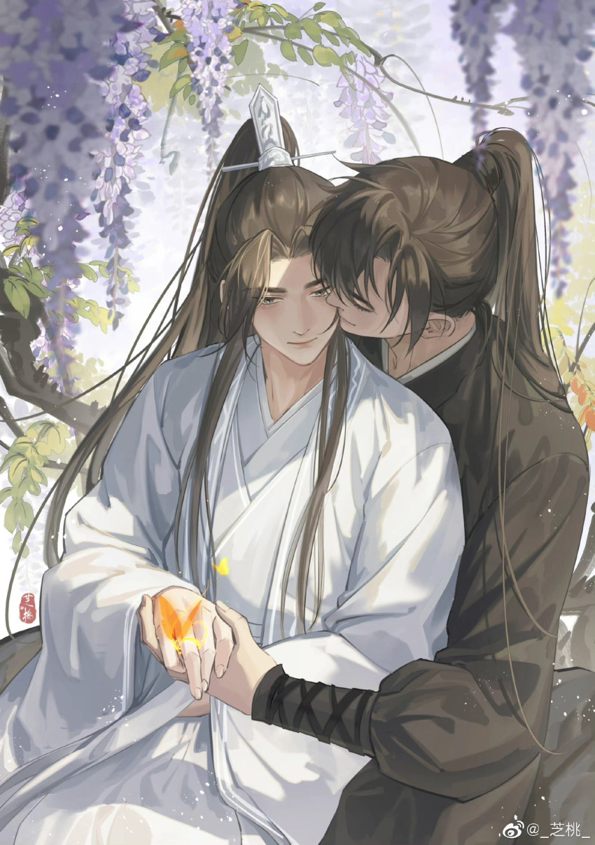 2boys, black_hair, black_hanfu, blurry, blurry_background, blurry_foreground, brown_eyes, bug