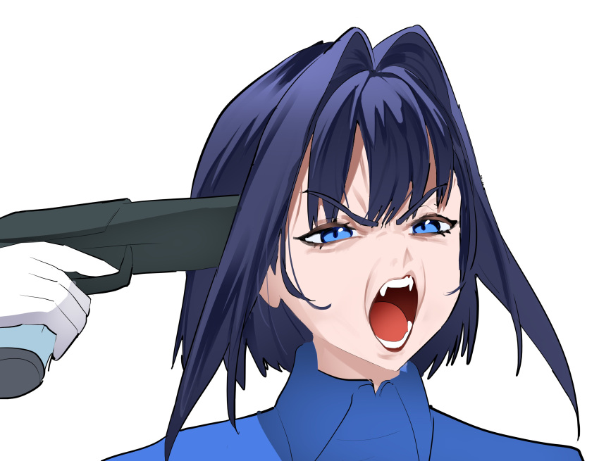 1girl, absurdres, blue_eyes, blue_hair, fangs, gloves, gun, gun_to_head