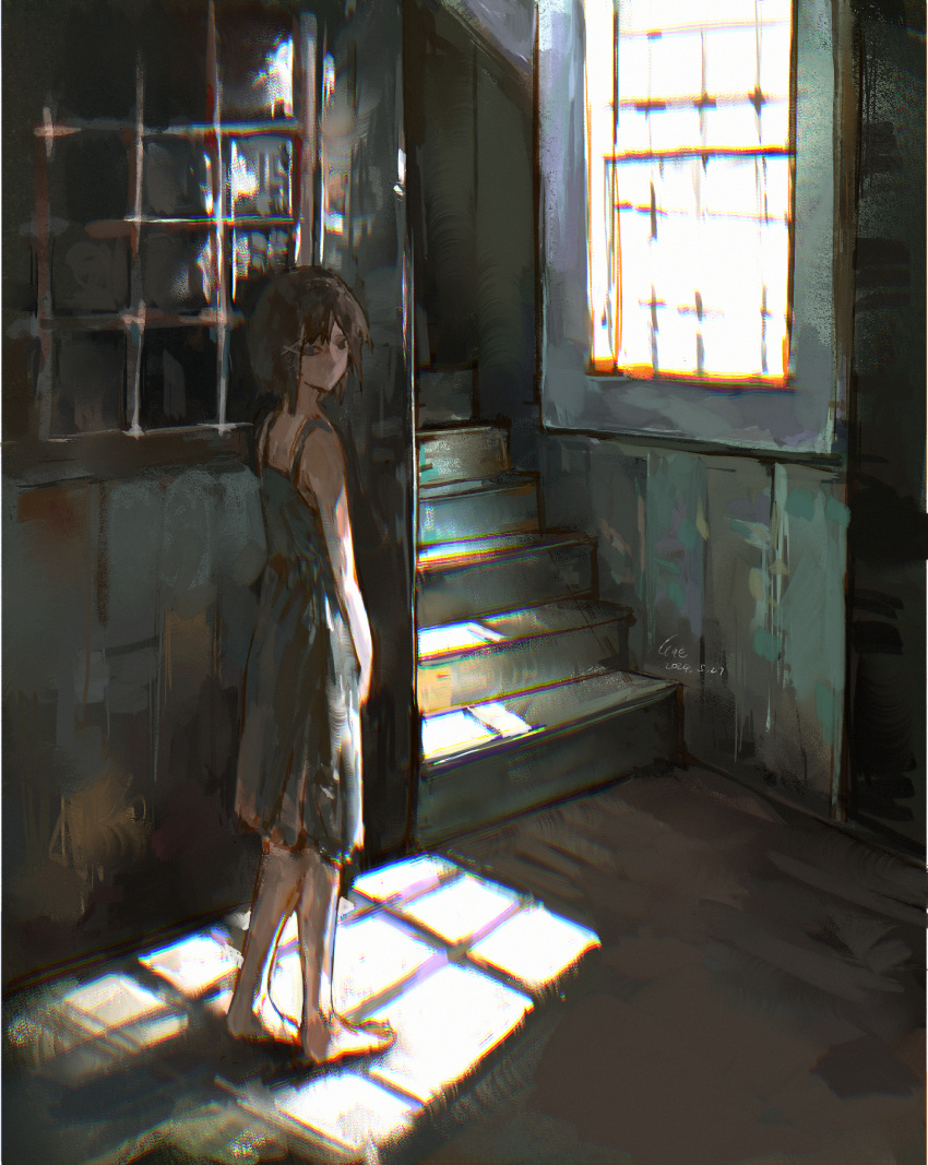 1girl, absurdres, alariess, barefoot, blue_eyes, brown_hair, chinese_commentary, commentary_request, dated, dress, full_body, grey_dress, hair_ornament, highres, indoors, iwakura_lain, no_mouth, serial_experiments_lain, short_hair, signature, sleeveless, sleeveless_dress, solo, stairs, sundress, window, x_hair_ornament