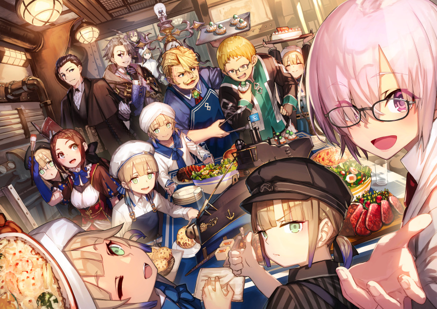 6+boys, 6+girls, :d, :o, absurdres, ahoge, anger_vein, apron