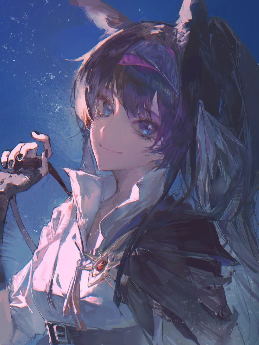 1girl, alariess, animal_ears, arknights, belt, black_belt, black_cape, black_gloves