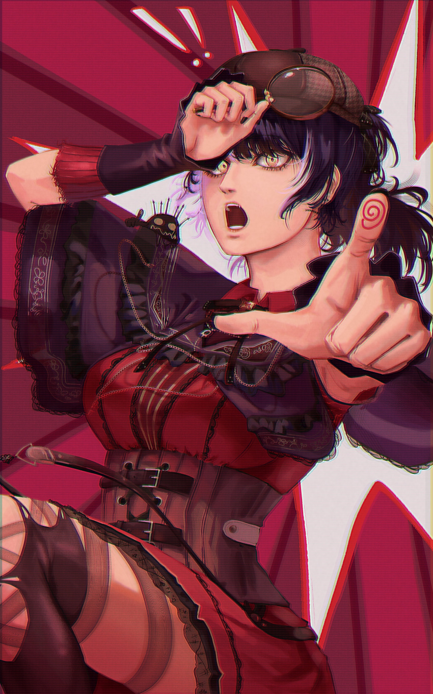 1girl, absurdres, black_capelet, black_corset, black_hair, black_hat, black_thighhighs, capelet