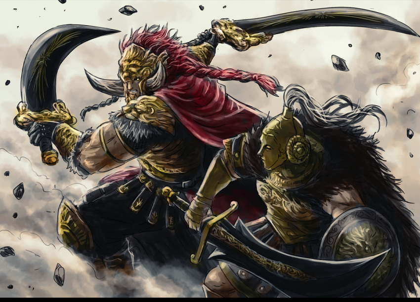1boy, 1girl, arm_shield, armor, biceps, black_gloves, braid, breastplate
