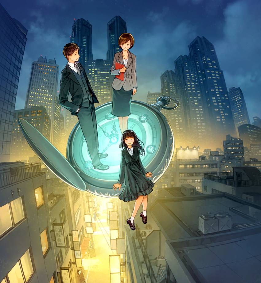 1boy, 2girls, air_conditioner, billboard, black_dress, black_jacket, brown_footwear, brown_hair