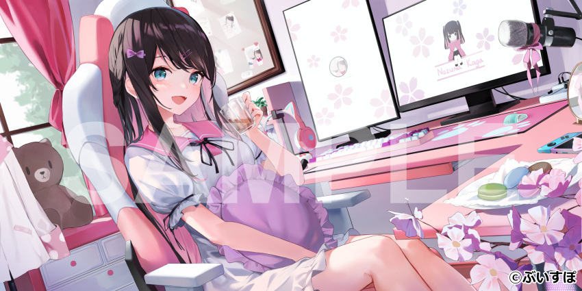 1girl, =_hair_ornament, black_hair, blue_eyes, chair, colored_inner_hair, commentary_request, company_name