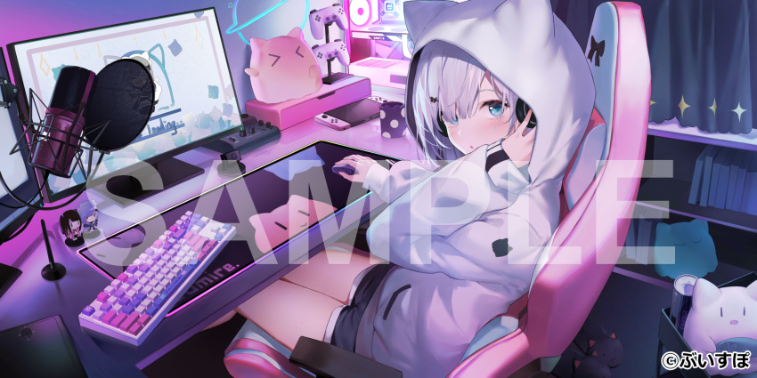 1girl, animal_ear_hood, animal_slippers, black_shorts, blue_eyes, blunt_bangs, bookshelf, can