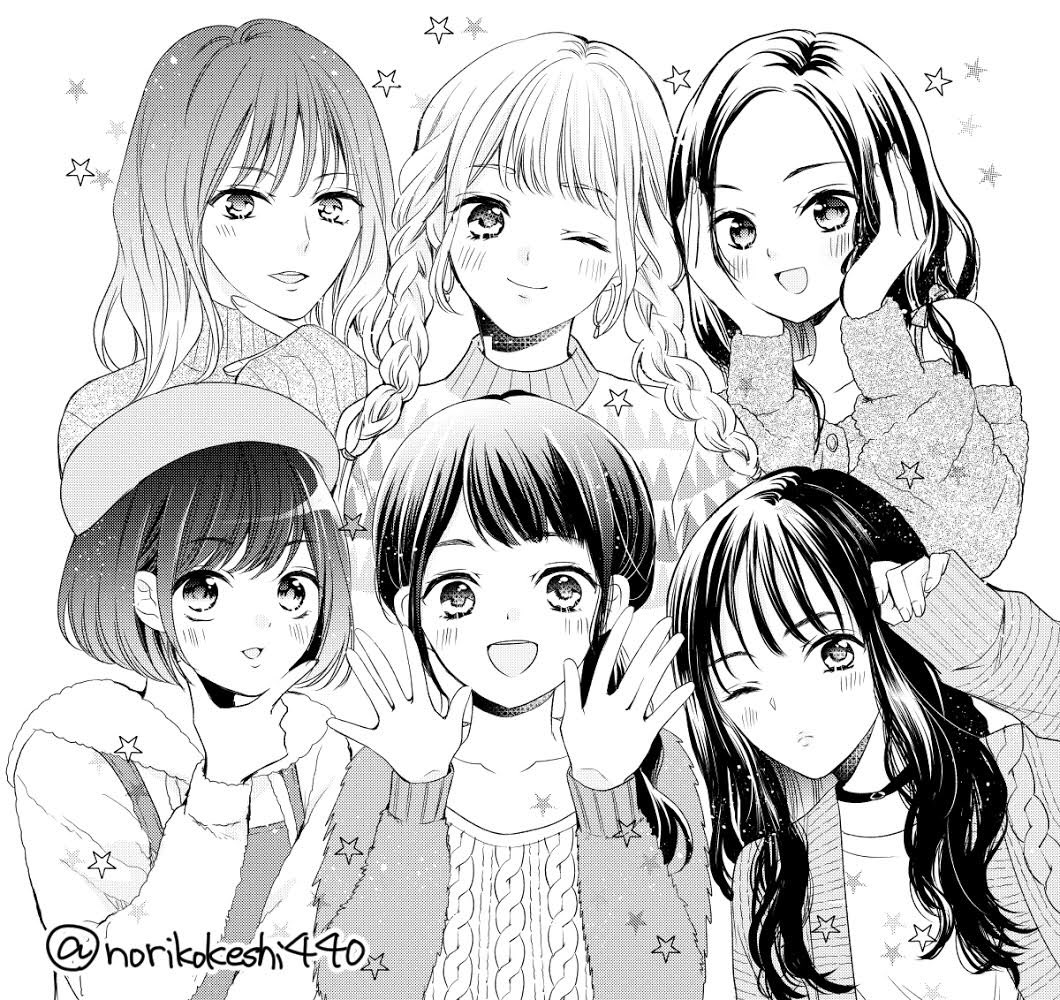 6+girls, blush, bob_cut, braided_twintails, commentary_request, earrings, eunha_(gfriend), gfriend