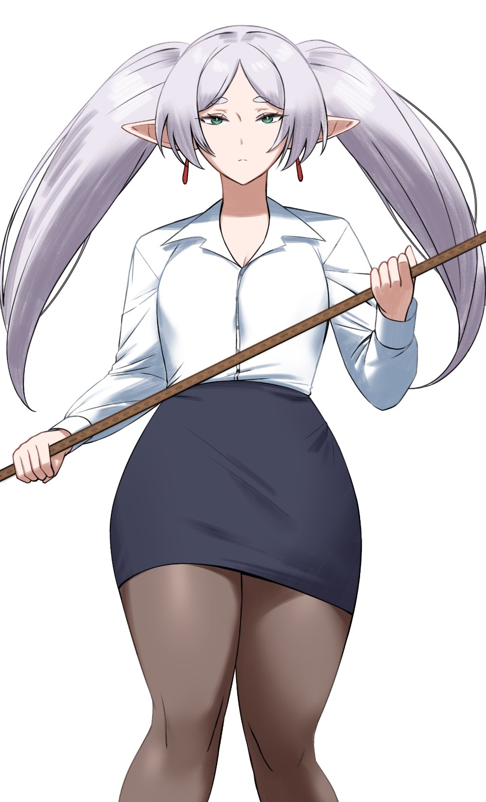 1girl, black_skirt, dress_shirt, earrings, elf, frieren, green_eyes, highres