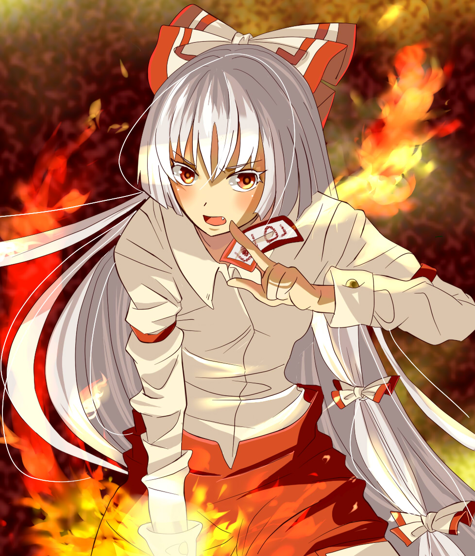 fang, fire, fujiwara_no_mokou, ofuda, pochiron, solo, touhou