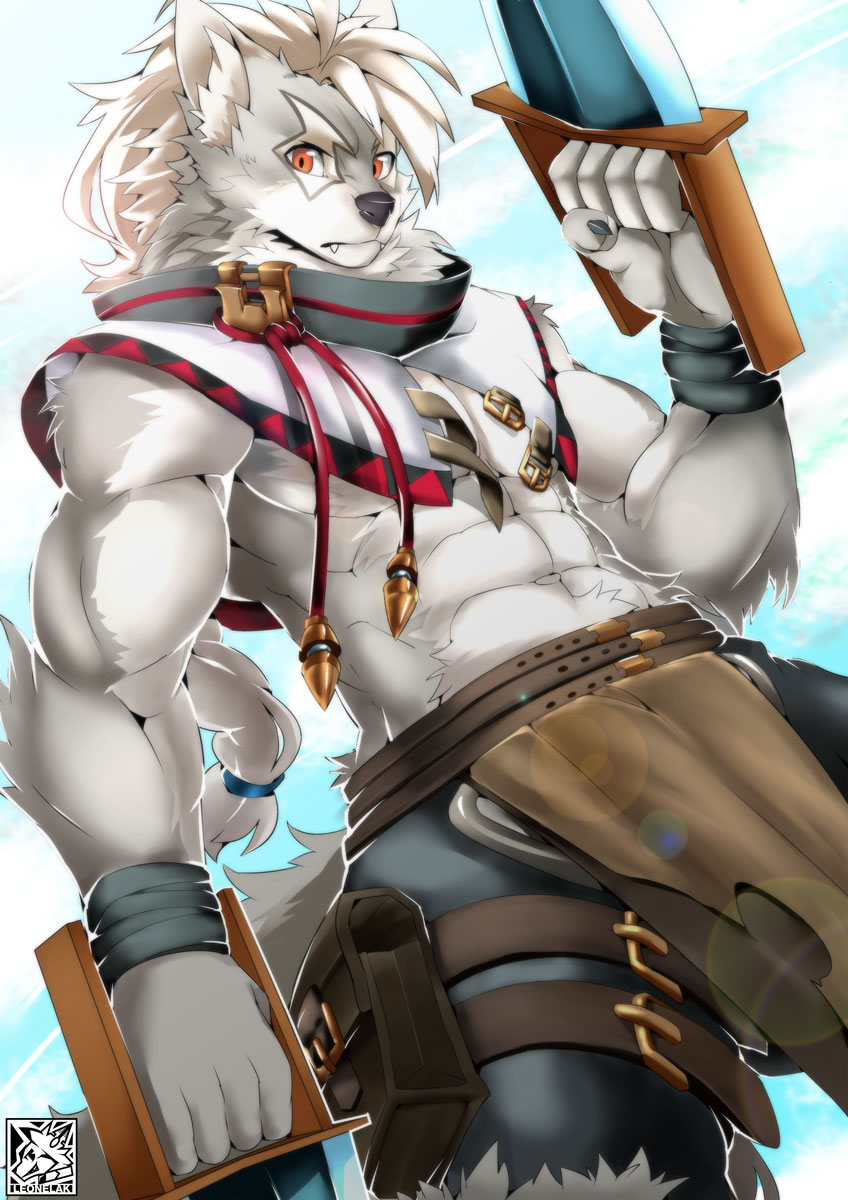 1boy, abs, animal_ears, artist_logo, black_shorts, braid, capelet, claws