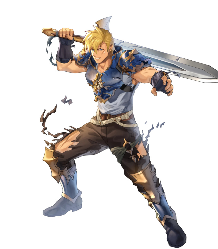 1boy, armor, blonde_hair, blue_eyes, chulainn_(fire_emblem), fire_emblem, fire_emblem:_genealogy_of_the_holy_war, fire_emblem_heroes, full_body, highres, holding, holding_sword, holding_weapon, male_focus, muscular, muscular_male, official_art, pants, parted_lips, shimomura_watari, solo, sword, third-party_source, torn_clothes, torn_pants, transparent_background, weapon