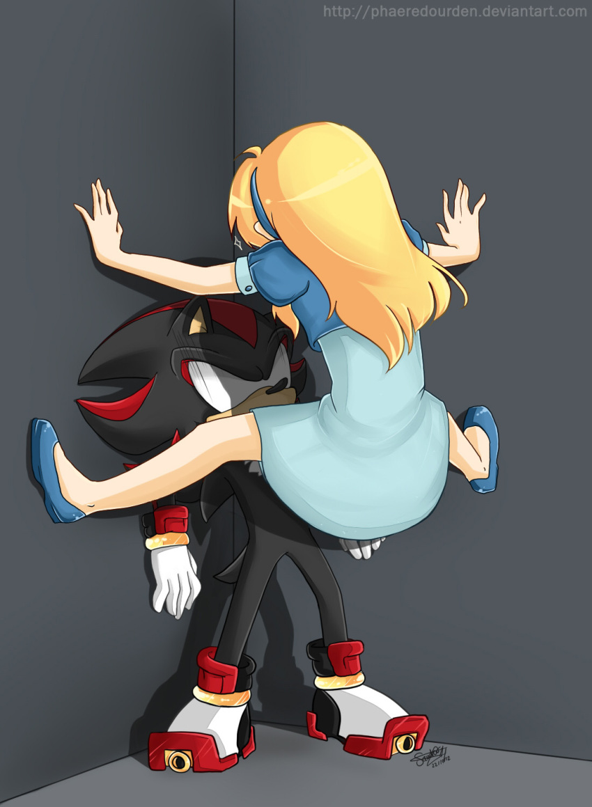 1boy, 1girl, against_wall, blank_eyes, blonde_hair, blue_footwear, blue_hairband, cicada_block_(meme), full_body, furry, furry_male, gloves, hairband, highres, maria_robotnik, meme, sandragh, shadow_the_hedgehog, signature, sonic_(series), web_address, white_gloves